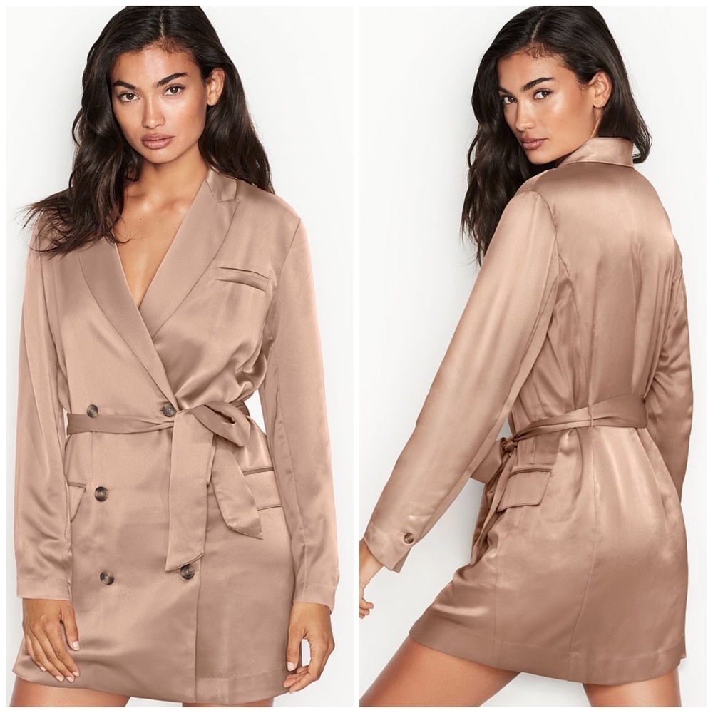 🌙 VS Beige Satin Double-Breasted Jacket Trench Coat Lingerie Robe Style Dress
